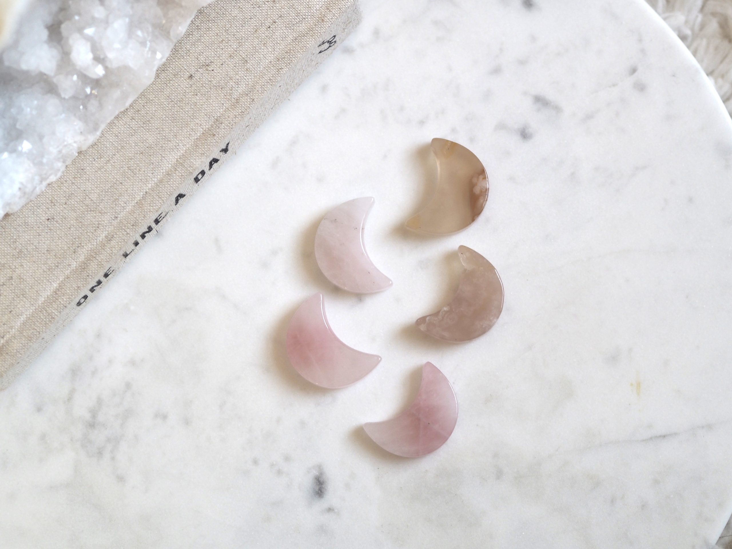 ROSE QUARTZ & FLOWER AGATE CRYSTAL MOONS | LAW OF ATTRACTION STORE